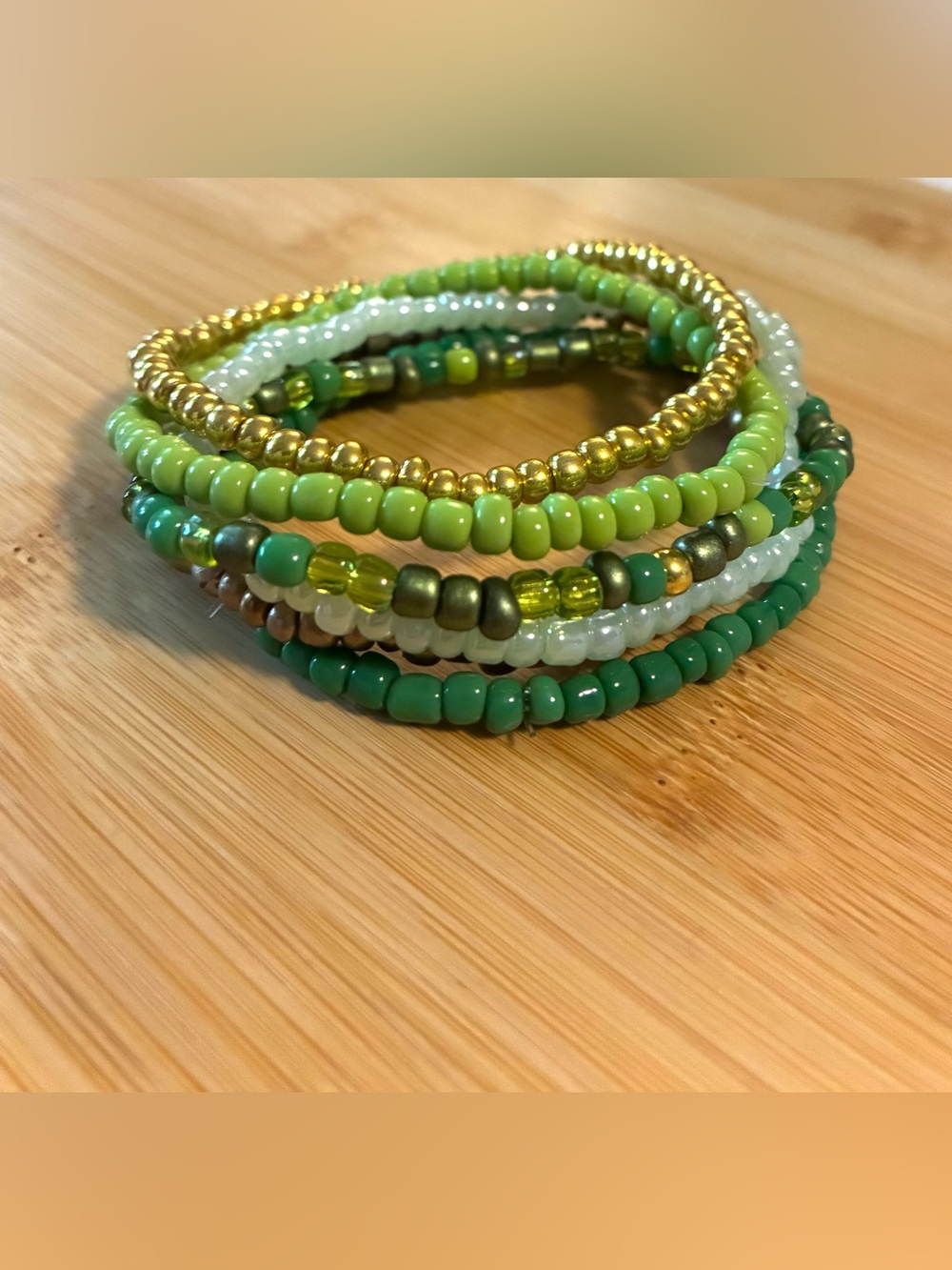 Green & Gold Beaded Stackable Bracelet Set
